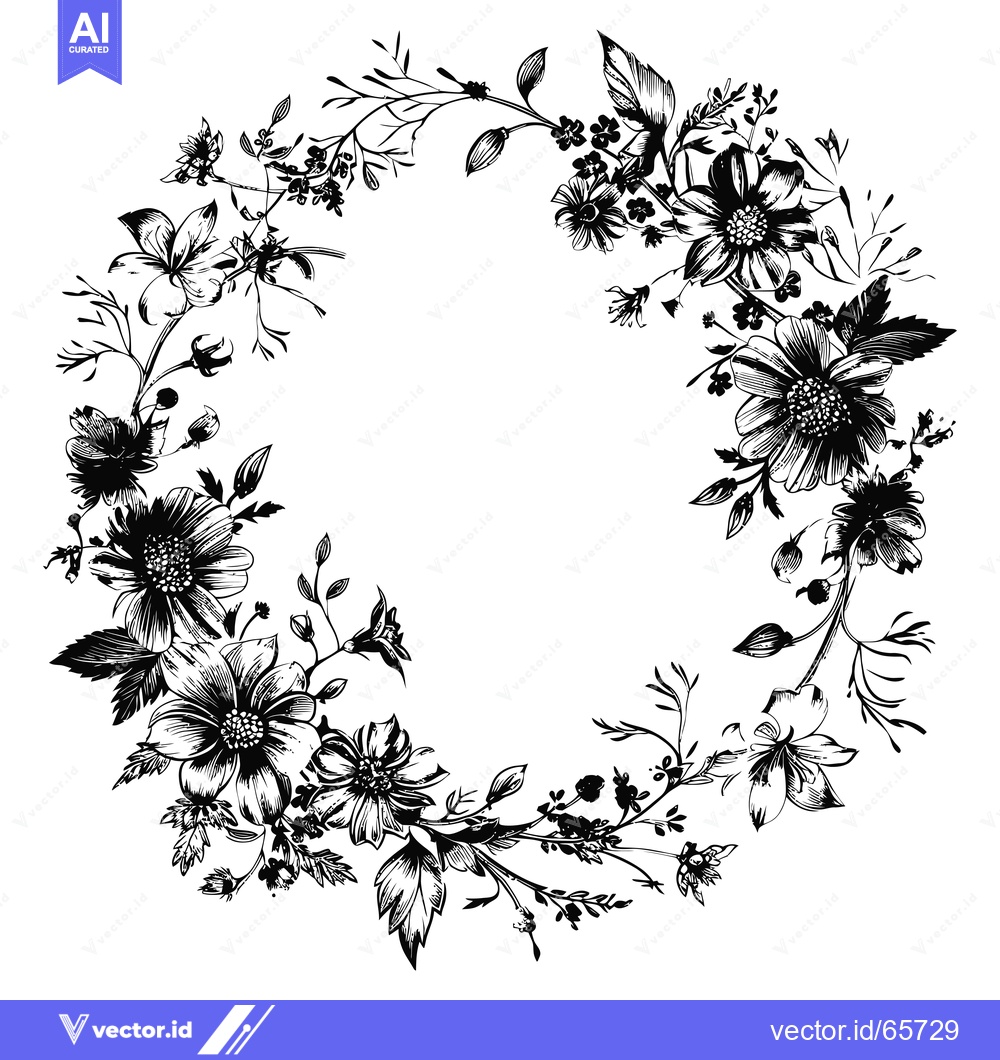 Premium Vector dari Black and White Floral Wreath with Delicate Flowers and Leaves