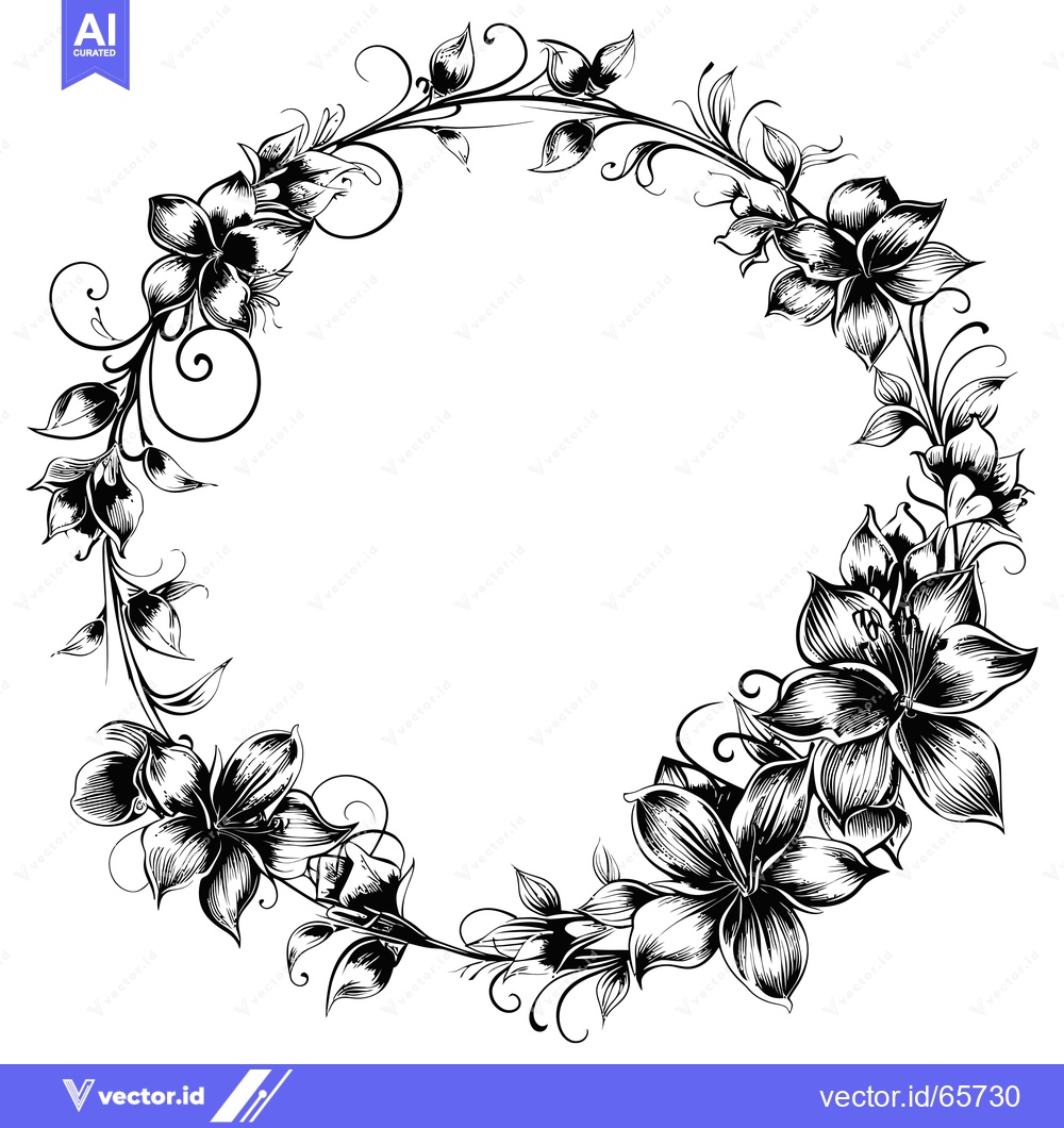 Premium Vector dari Black and White Floral Wreath with Detailed Flowers and Vines