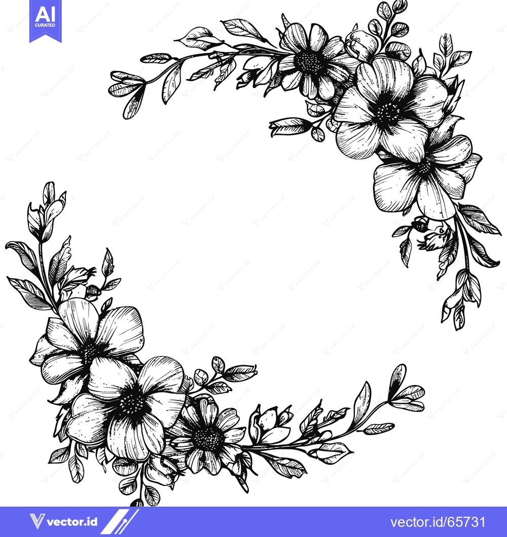 Premium Vector dari Black and White Floral Corner Design with Detailed Leaves and Flowers