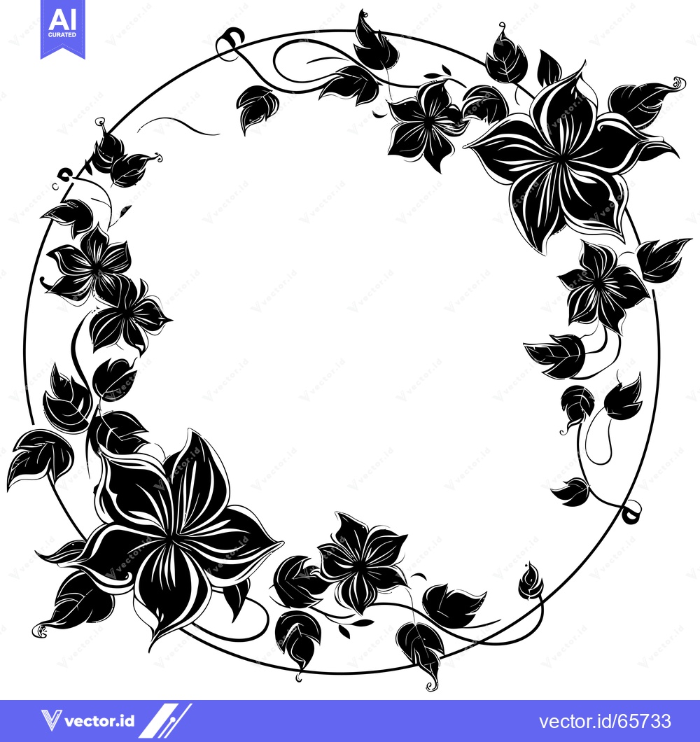 Premium Vector dari Black and White Floral Wreath with Circular Frame