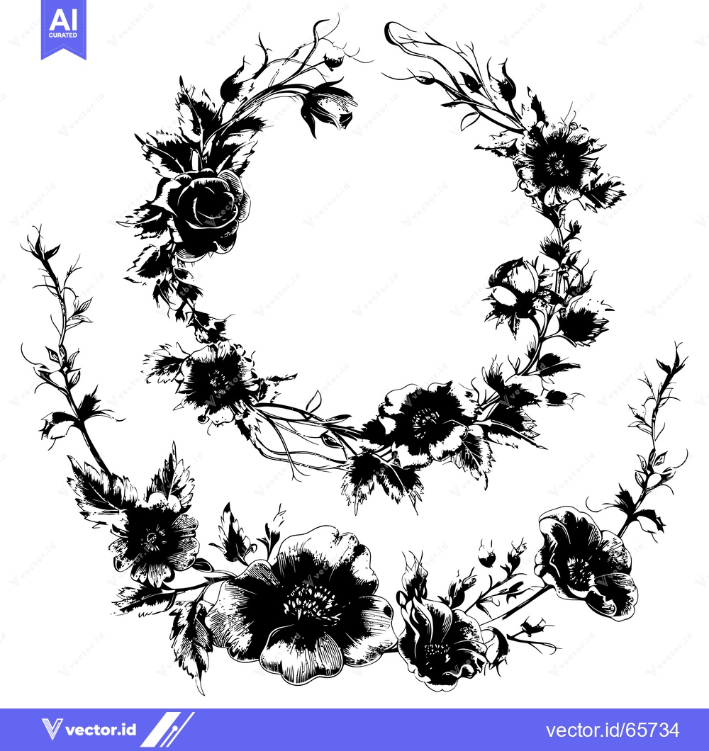 Premium Vector dari Black and White Floral Wreath with Roses and Buds