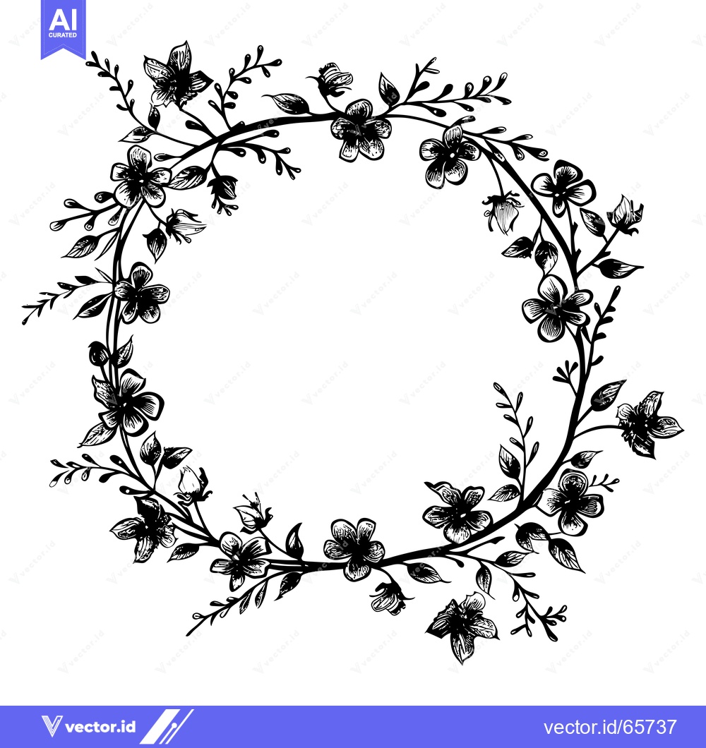 Premium Vector of Black and White Hand-Drawn Floral Wreath with Empty Center