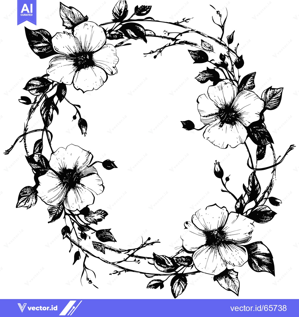 Premium Vector dari Black and White Floral Wreath with Detailed Flowers and Leaves