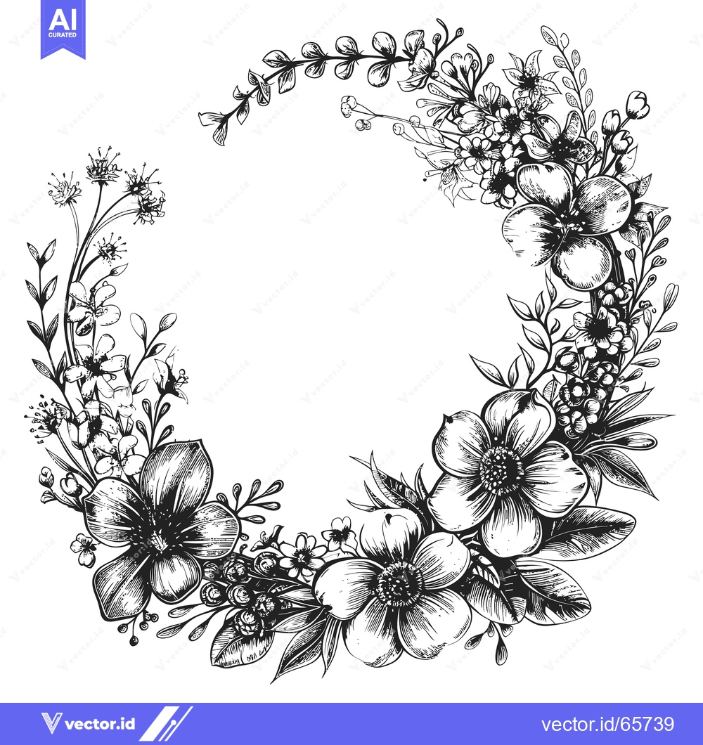 Premium Vector dari Hand-Drawn Floral Wreath with Detailed Black and White Flowers