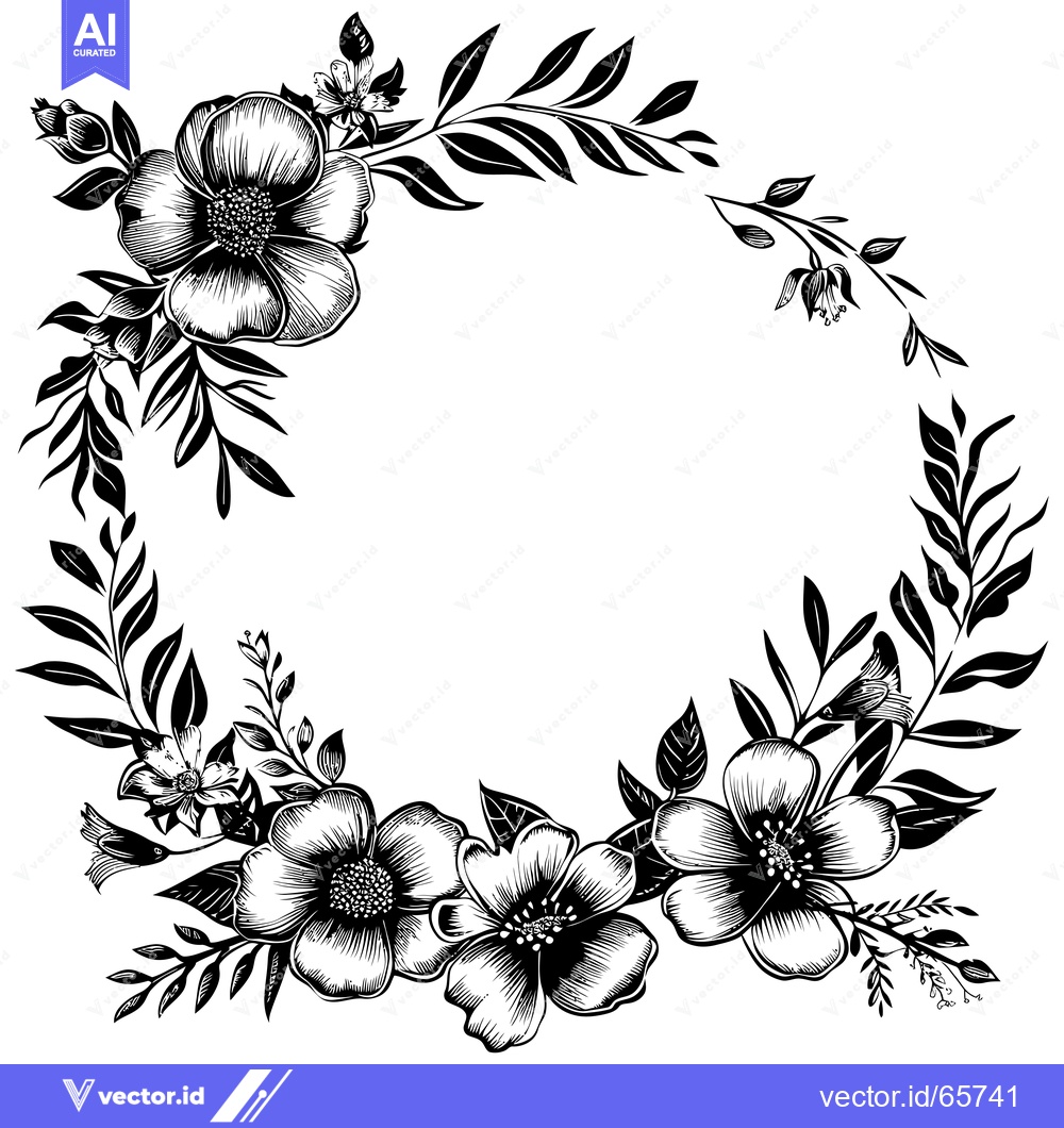 Premium Vector dari Black and White Floral Wreath with a Circular Opening