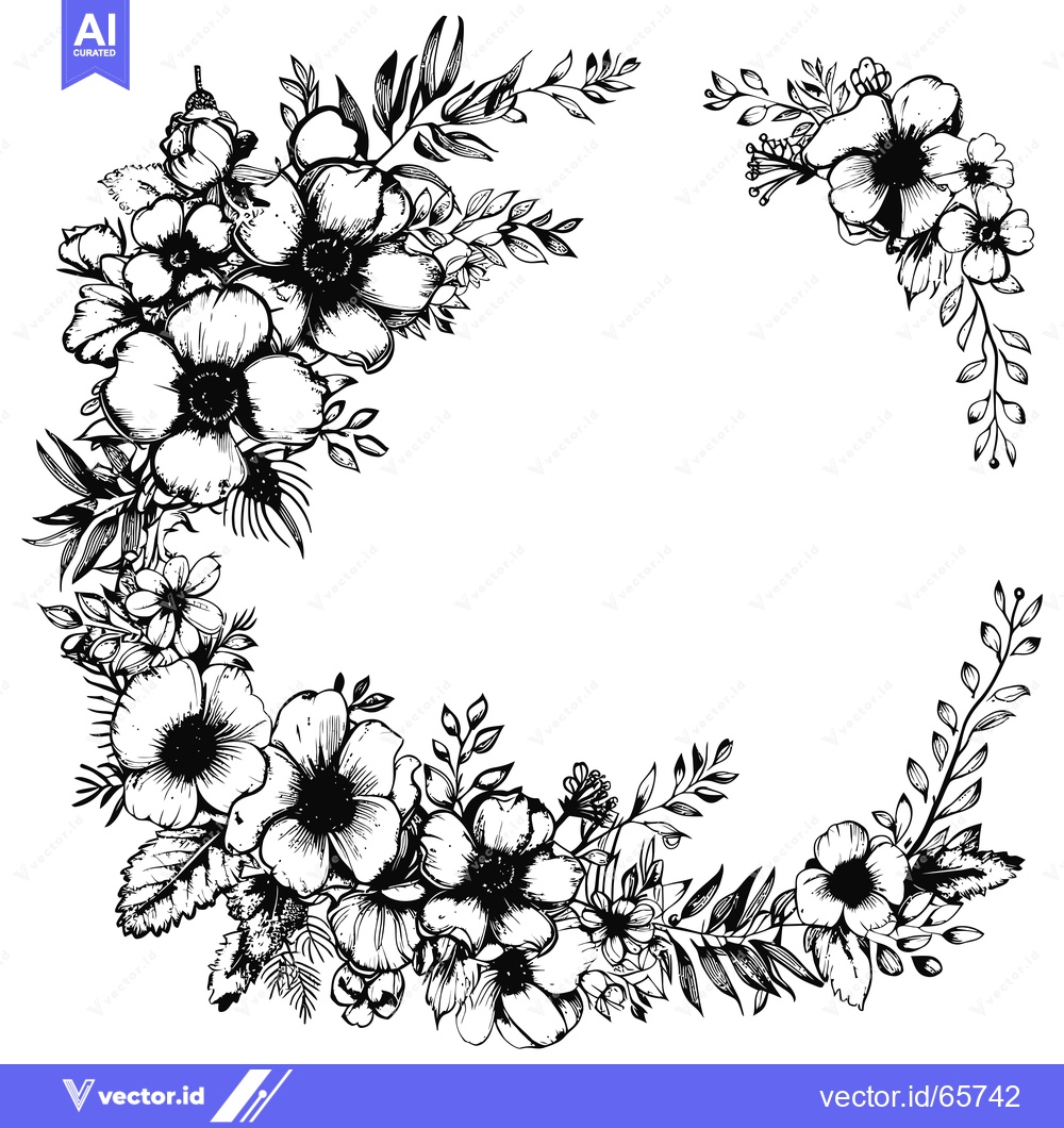 Premium Vector of Black and White Floral Corner Border with Blooming Flowers and Foliage