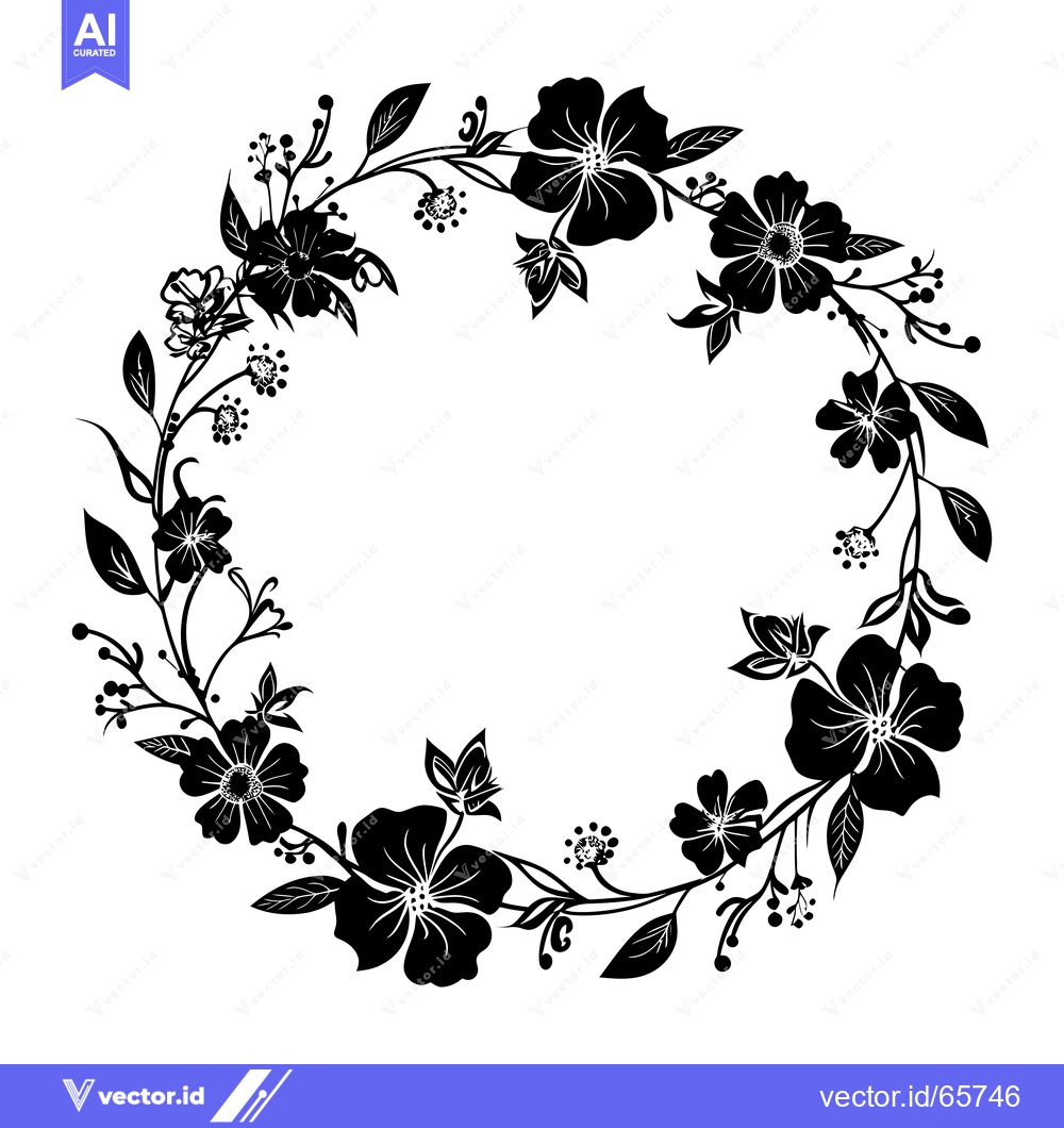 Premium Vector of Black and White Floral Wreath with Delicate Flowers and Leaves