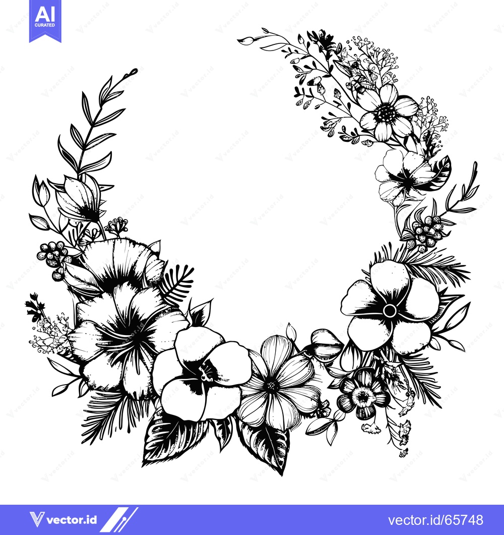 Premium Vector of Black and White Floral Border with Detailed Flowers and Leaves