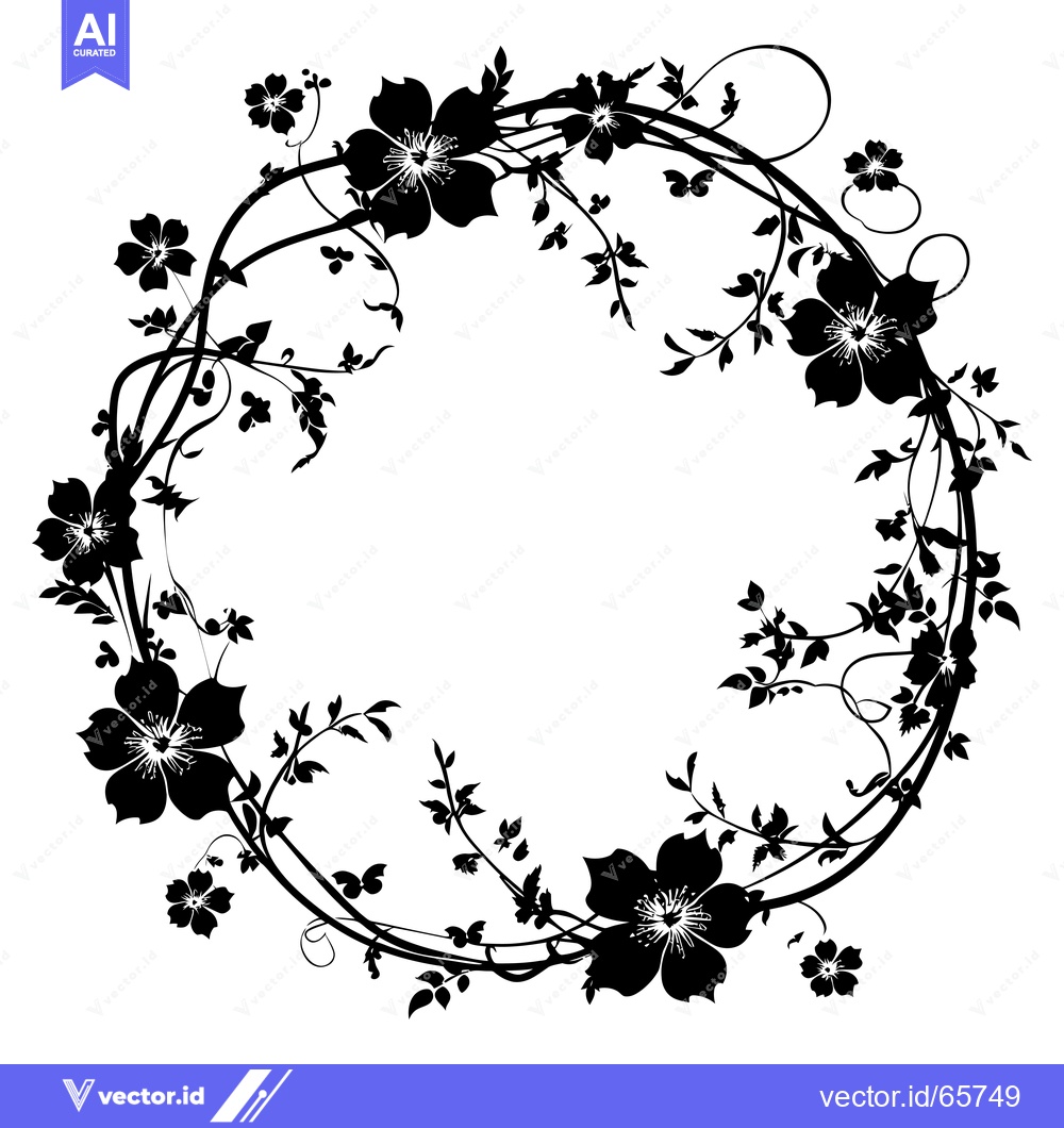 Premium Vector of Black and White Floral Wreath with Flowers and Leaves