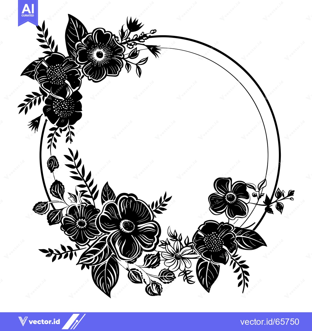 Premium Vector dari Black and White Floral Wreath with Circular Frame