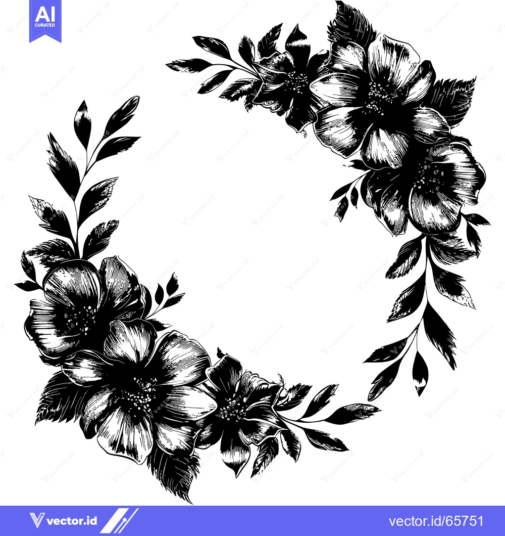 Premium Vector dari Black and White Floral Wreath with Blank Center