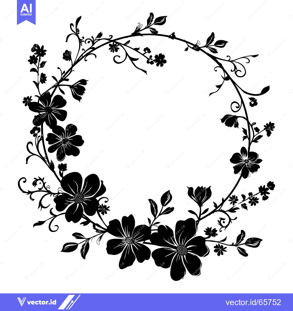 Premium Vector of Black and White Floral Wreath with a Circular Frame