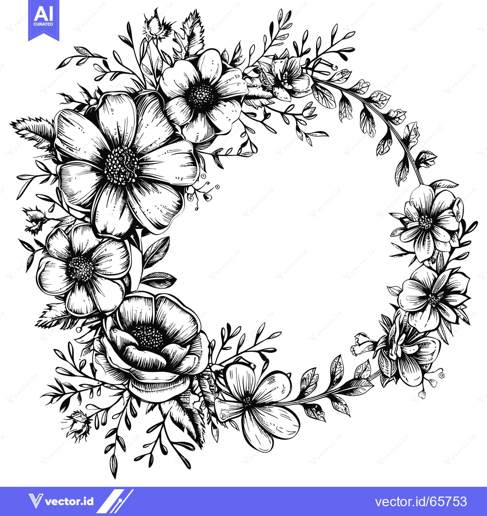 Premium Vector dari Black and White Floral Wreath with Open Space in the Center