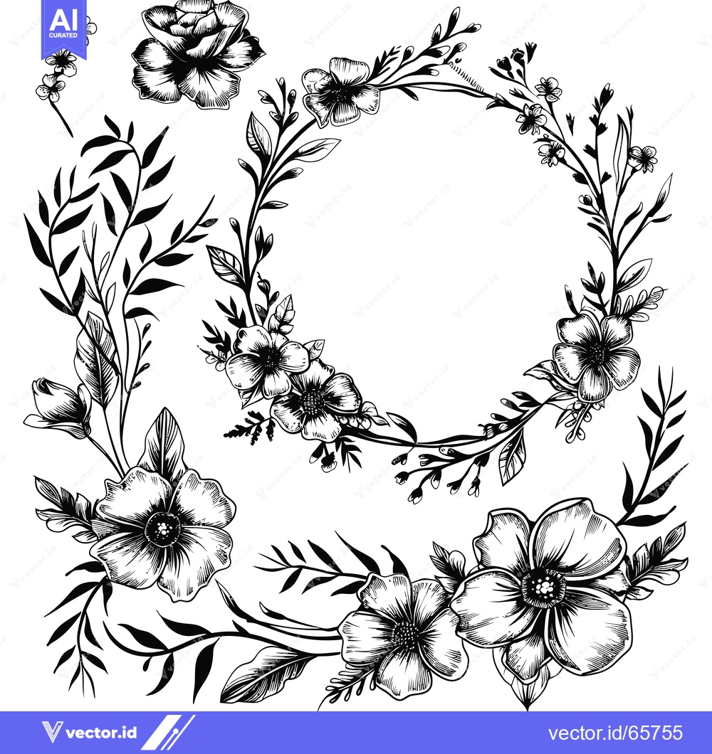 Premium Vector dari Black and White Floral Arrangement with Detailed Flowers and Leaves