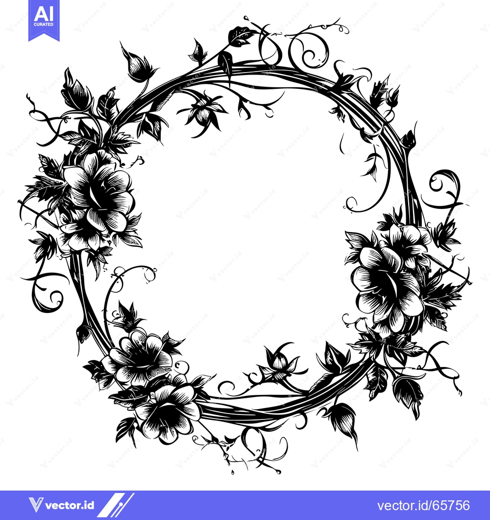 Premium Vector dari Black and White Floral Wreath with Intricate Vine Detail