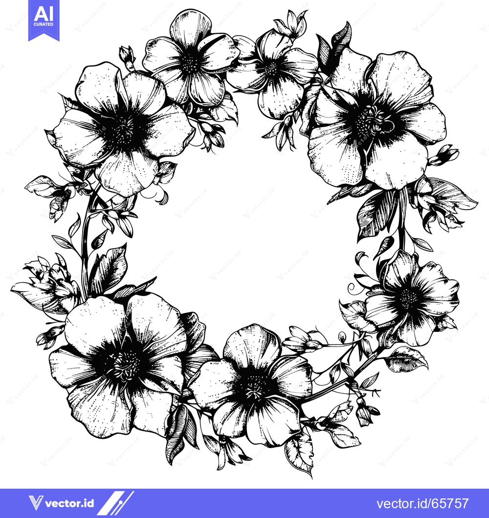 Premium Vector dari Black and White Floral Wreath with Detailed Flower Petals and Leaves