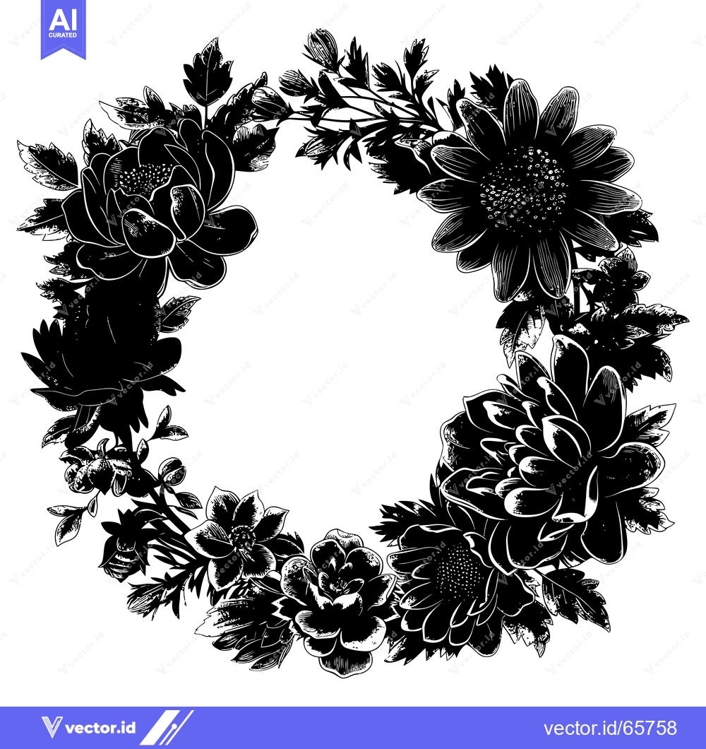 Premium Vector dari Black and White Floral Wreath with Large Flowers and Leaves
