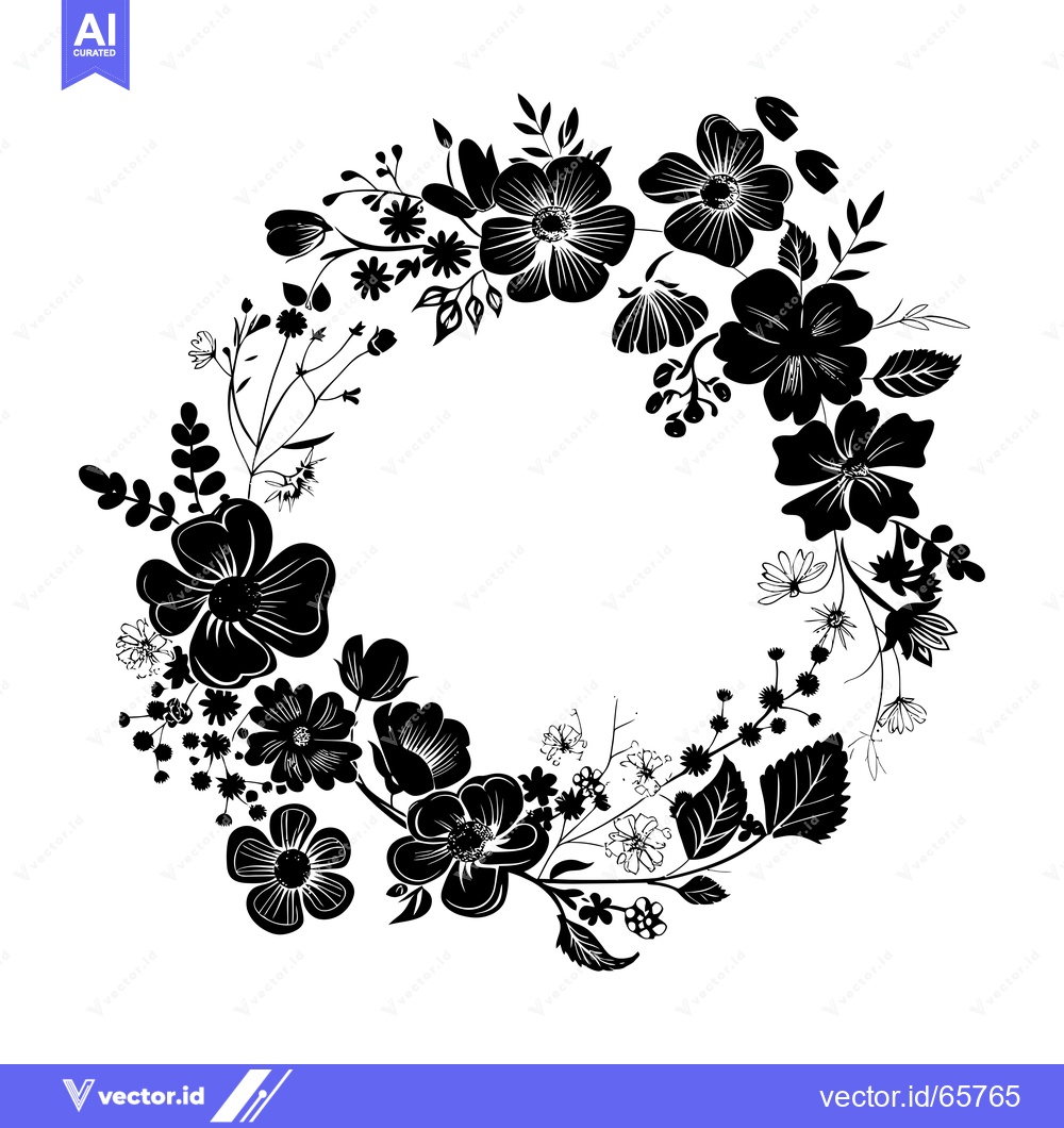 Premium Vector dari Black and White Floral Wreath with Circular Frame