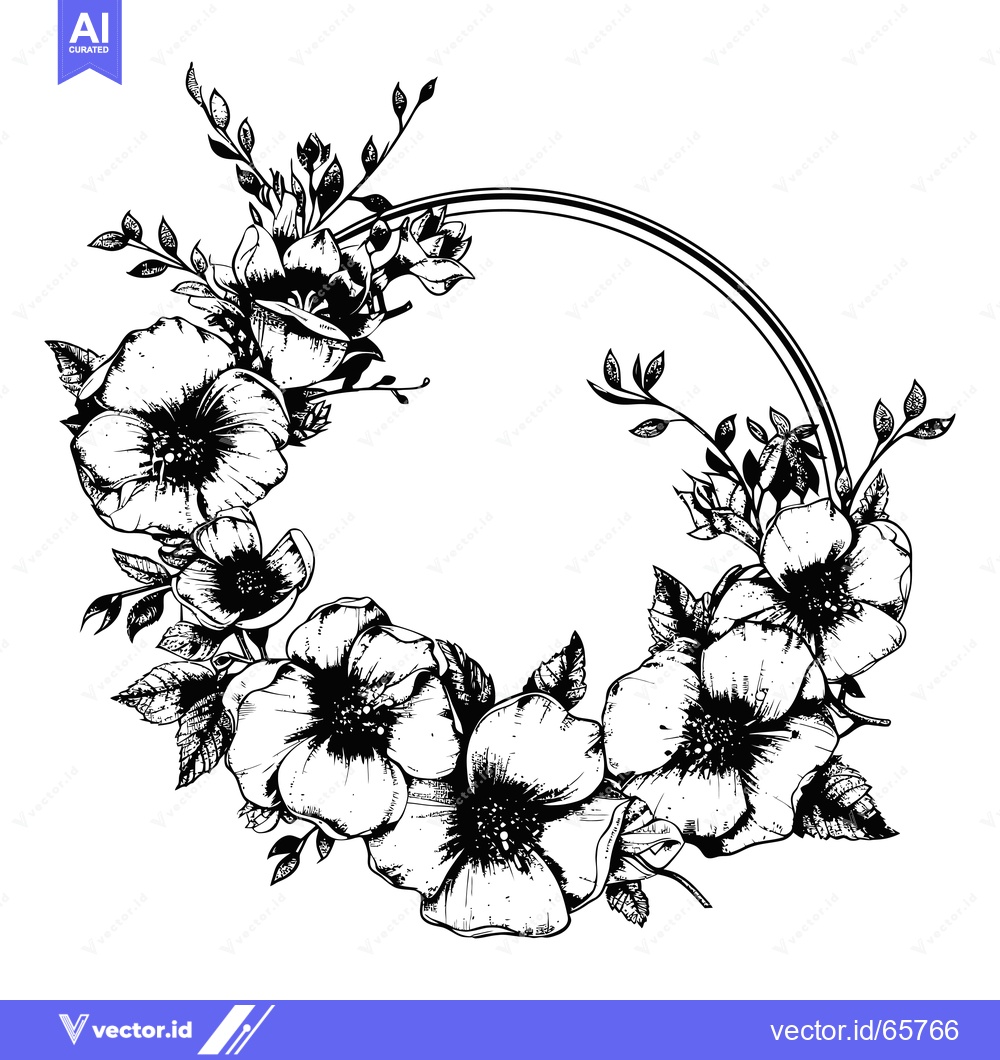 Premium Vector dari Black and White Floral Wreath with Circular Frame