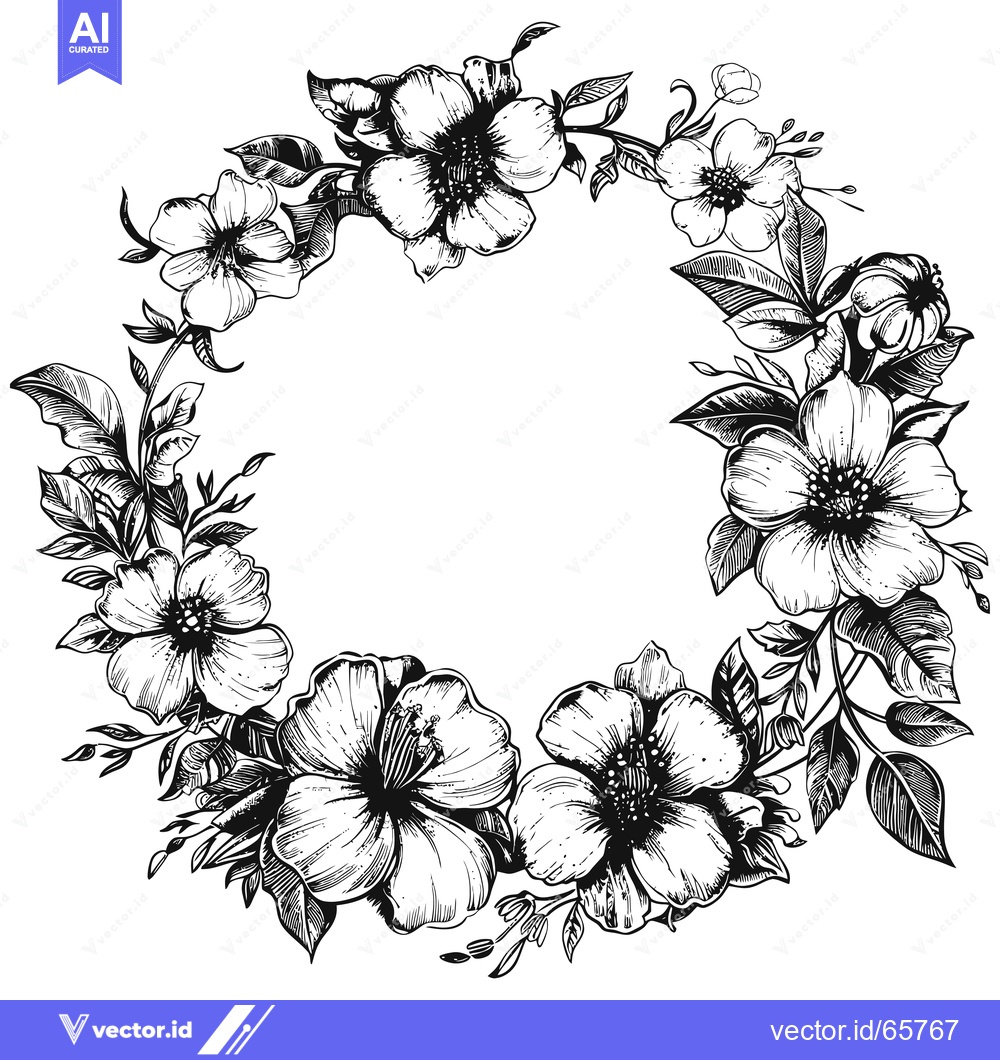Premium Vector dari Black and White Hand-Drawn Floral Wreath with Detailed Flower and Leaf