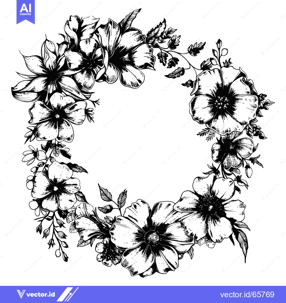 Premium Vector dari A Black and White Floral Wreath with Delicate Flowers and Foliage