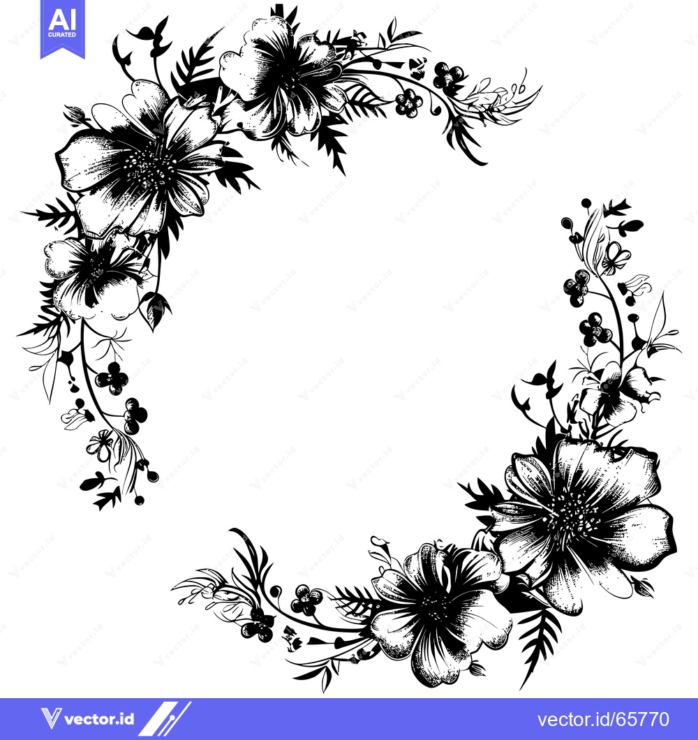 Premium Vector of Black and White Floral Wreath with a Circular Empty Center