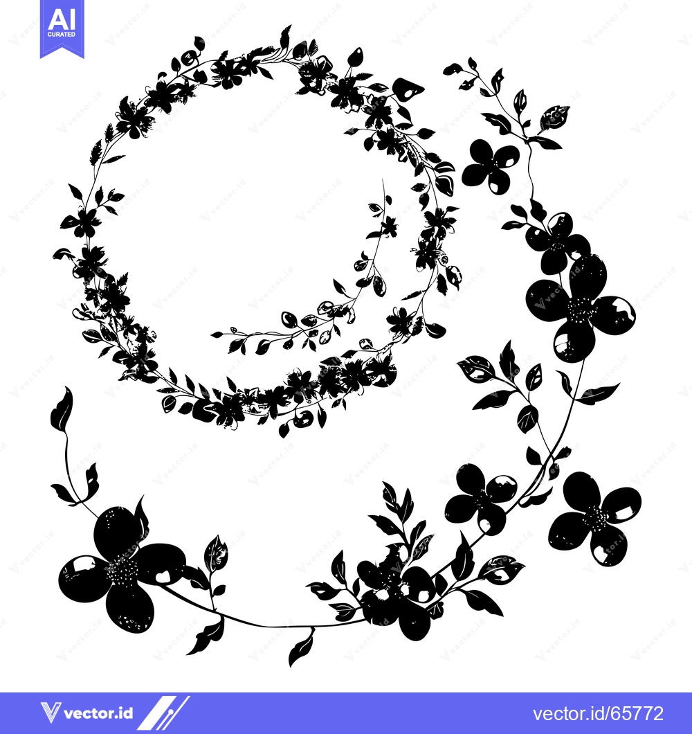 Premium Vector of Black and White Floral Wreath with Delicate Flowers and Leaves