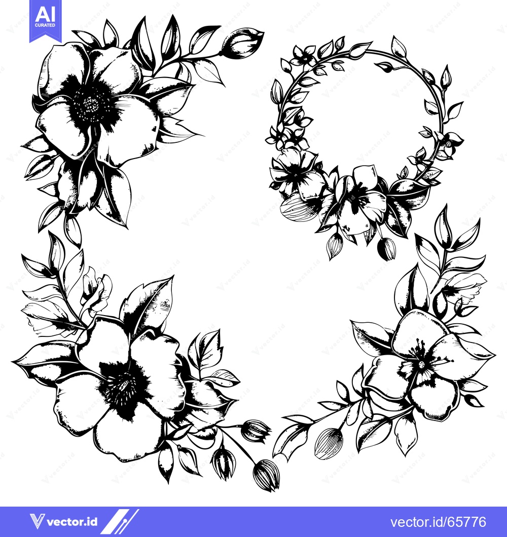 Premium Vector dari Black and White Floral Frame with Delicate Flowers and Leaves