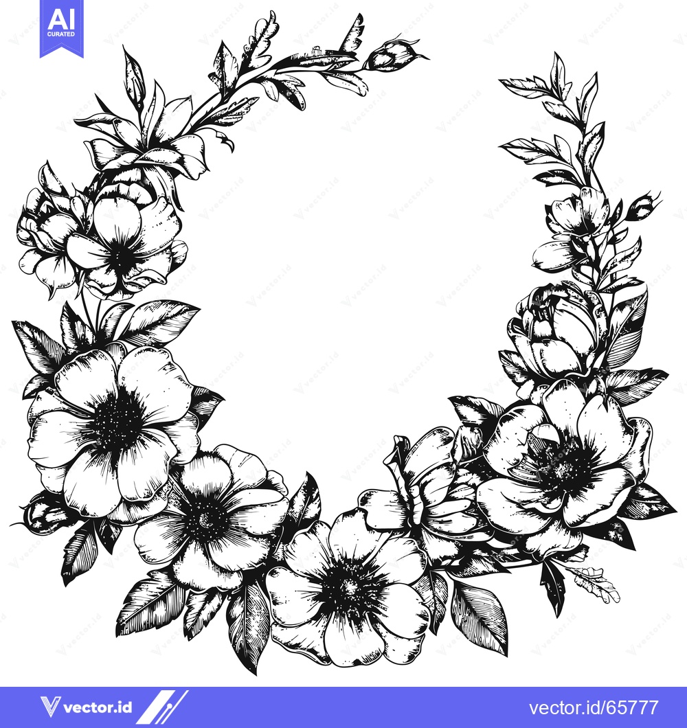 Premium Vector dari Black and White Hand Drawn Floral Wreath