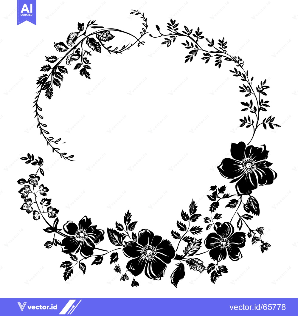 Premium Vector of Black and White Floral Wreath with Blooming Flowers and Leaves