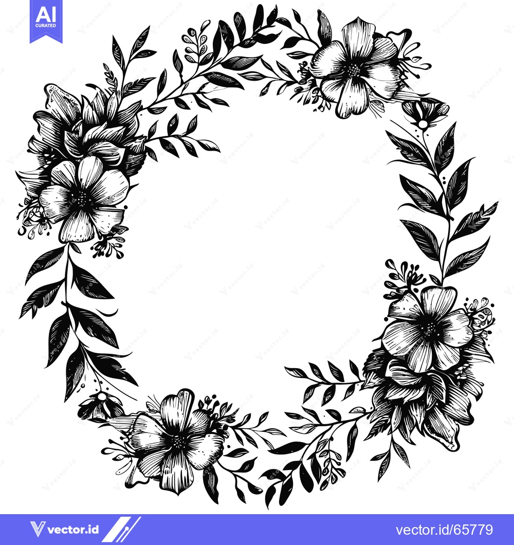 Premium Vector of Black and White Hand-Drawn Floral Wreath with Delicate Flowers and Lea