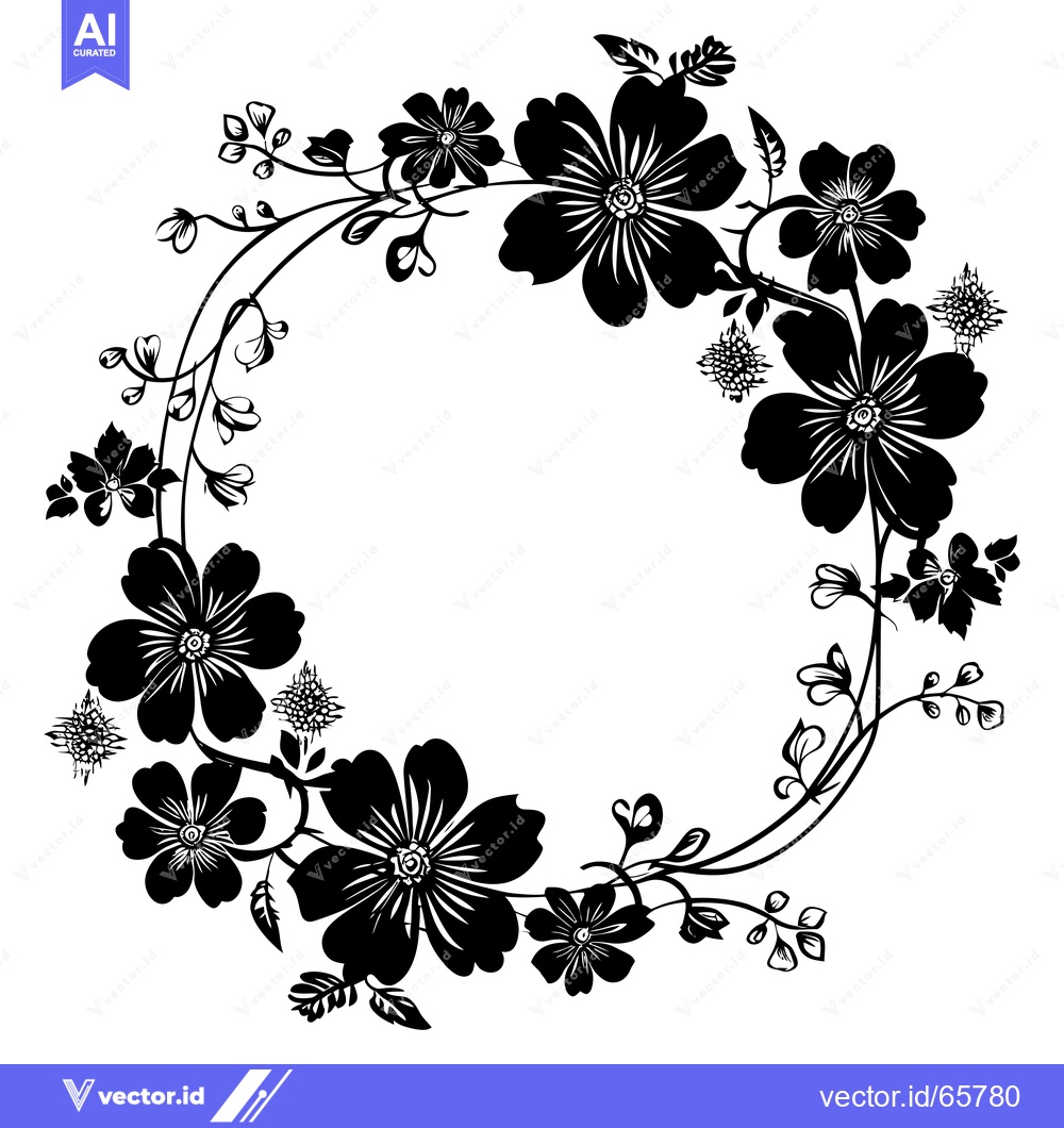 Premium Vector dari Black and White Floral Wreath with Delicate Flowers and Leaves