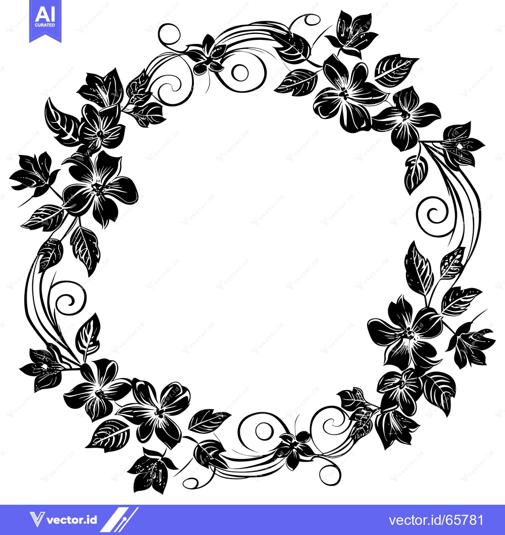 Premium Vector dari Black and White Floral Wreath with Swirls and Leaves