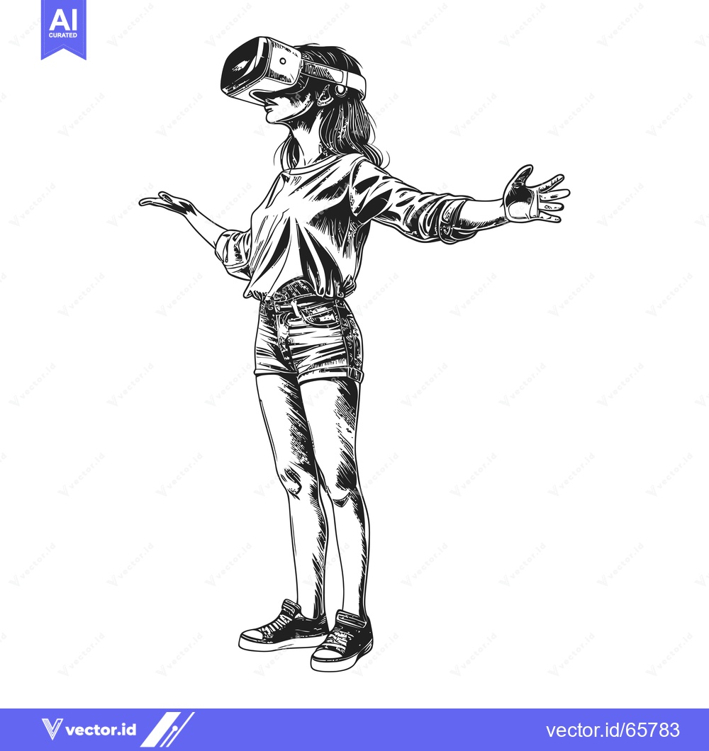 Premium Vector dari Woman Wearing Virtual Reality Headset with Arms Outstretched