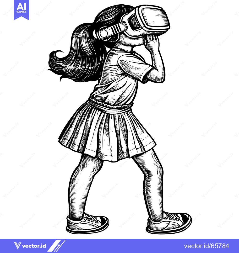 Premium Vector of Young Girl Wearing a Virtual Reality Headset