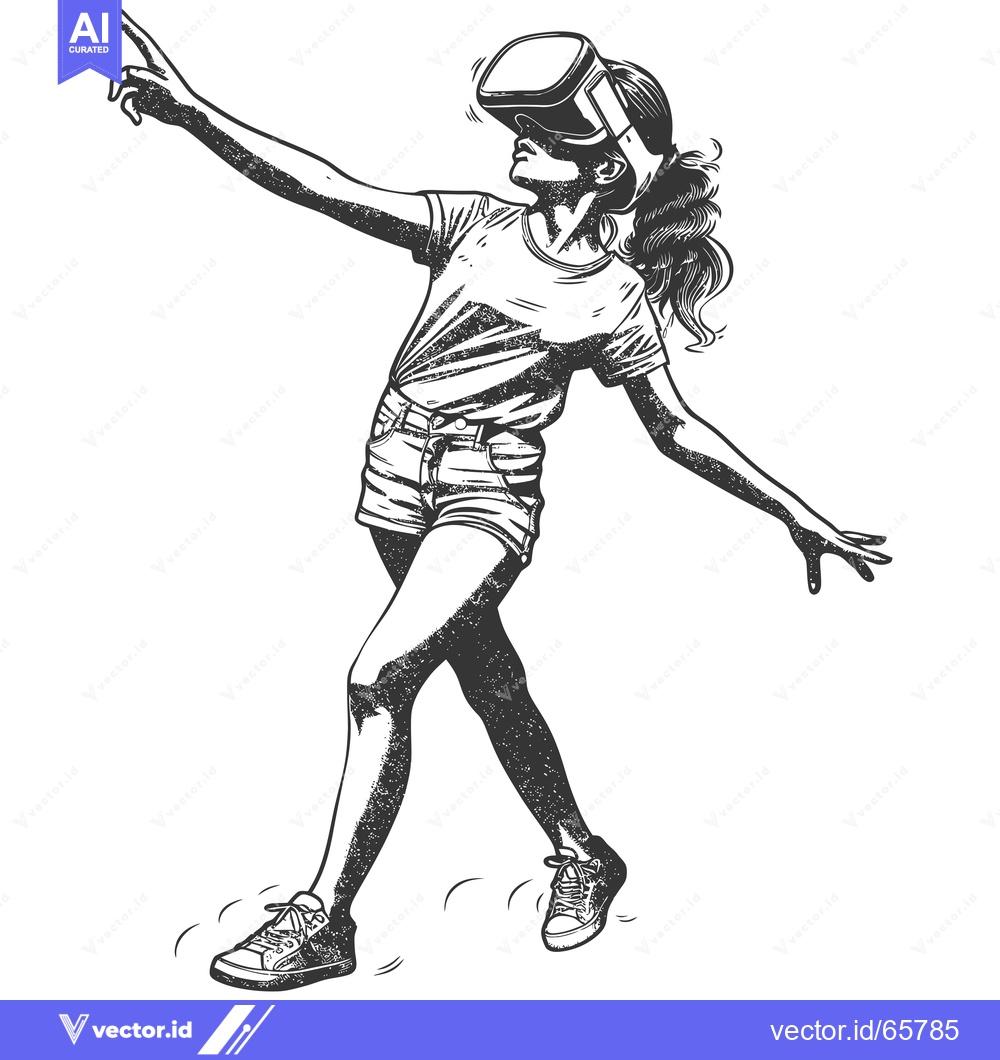 Premium Vector dari Woman Wearing Virtual Reality Headset Reaching Up with One Hand