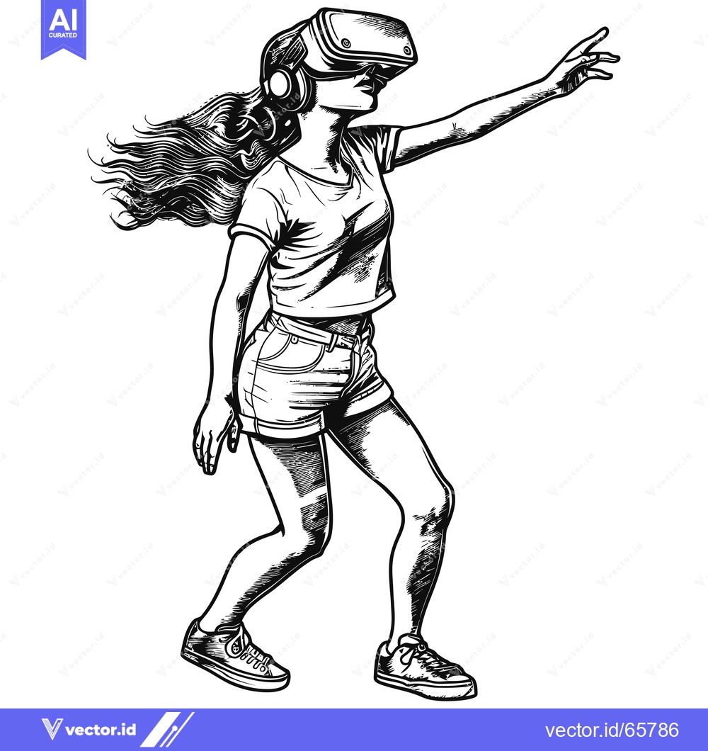 Premium Vector of A woman wearing a virtual reality headset with her hand outstretched,