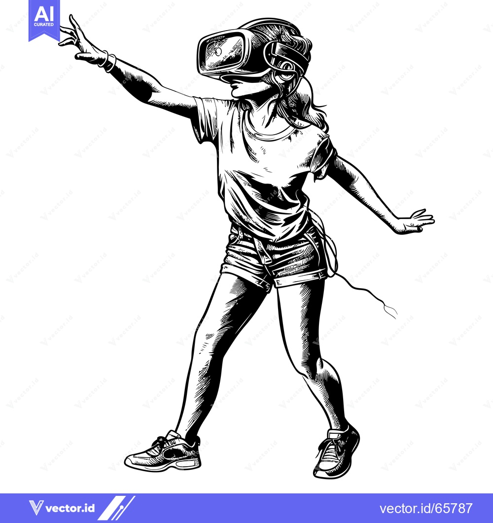 Premium Vector of A Woman Wearing a VR Headset and Reaching Out with Her Hand