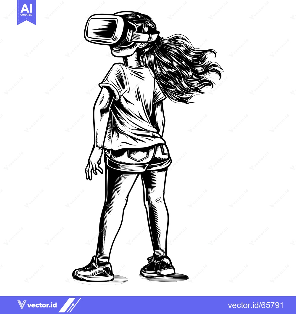 Premium Vector dari A young woman wearing a VR headset and shorts, standing with her back