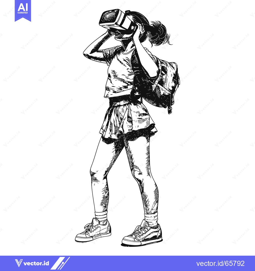 Premium Vector dari A sketch of a woman wearing a VR headset and a backpack
