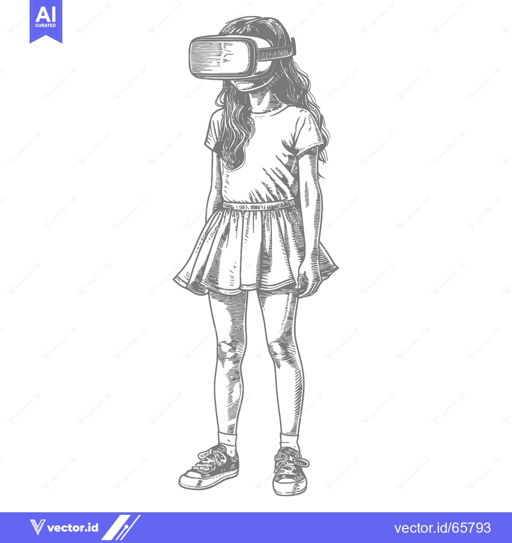 Premium Vector dari A girl wearing a VR headset, standing with her hands at her sides