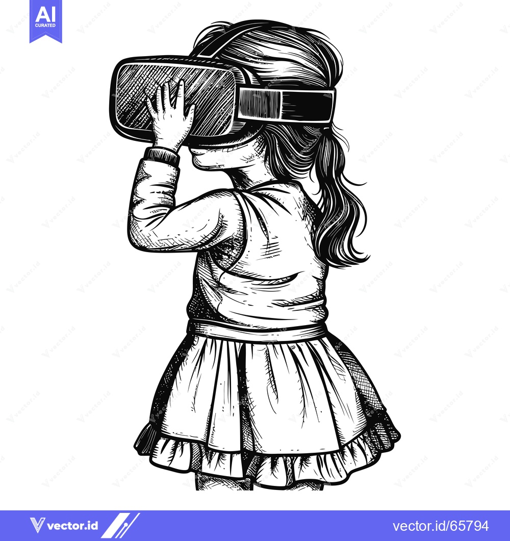 Premium Vector dari A Girl Wearing a VR Headset, Drawn in a Black and White Sketch Style