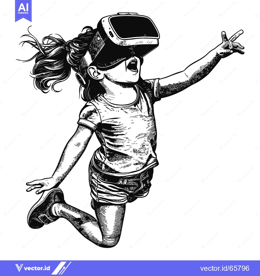 Premium Vector of Young girl wearing a virtual reality headset, jumping in the air with