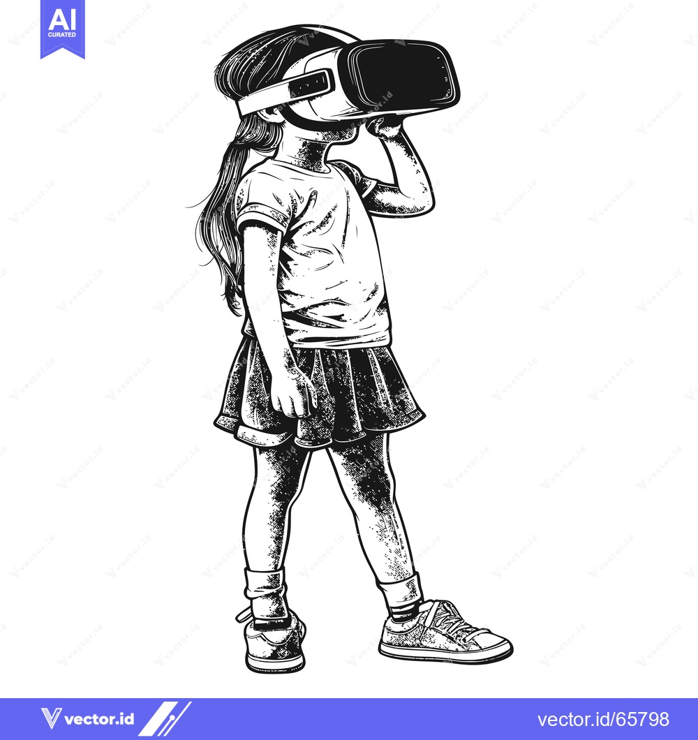 Premium Vector dari Young Girl Wearing a VR Headset, Immersed in Virtual Reality
