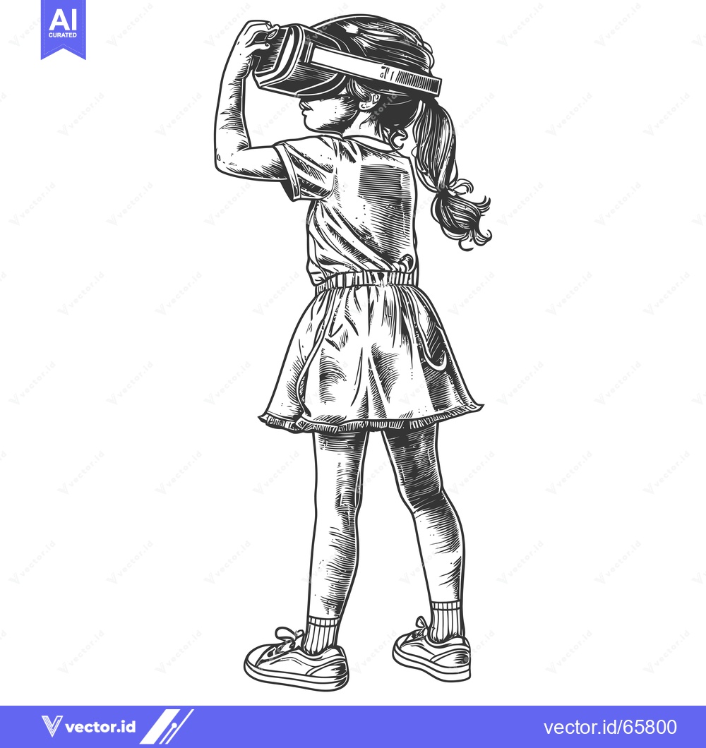 Premium Vector dari A young girl wearing a VR headset, looking up, standing in a casual po