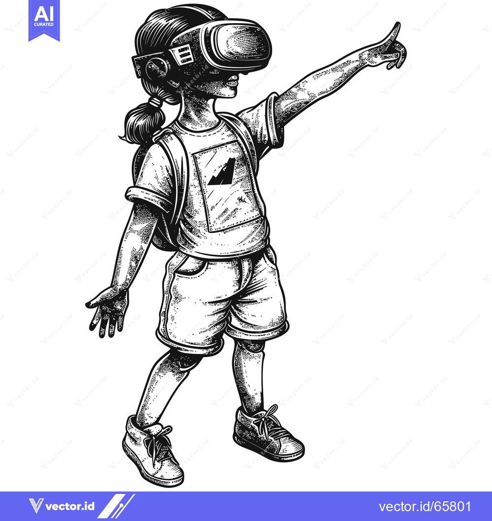 Premium Vector of A girl wearing a virtual reality headset, with one arm outstretched an