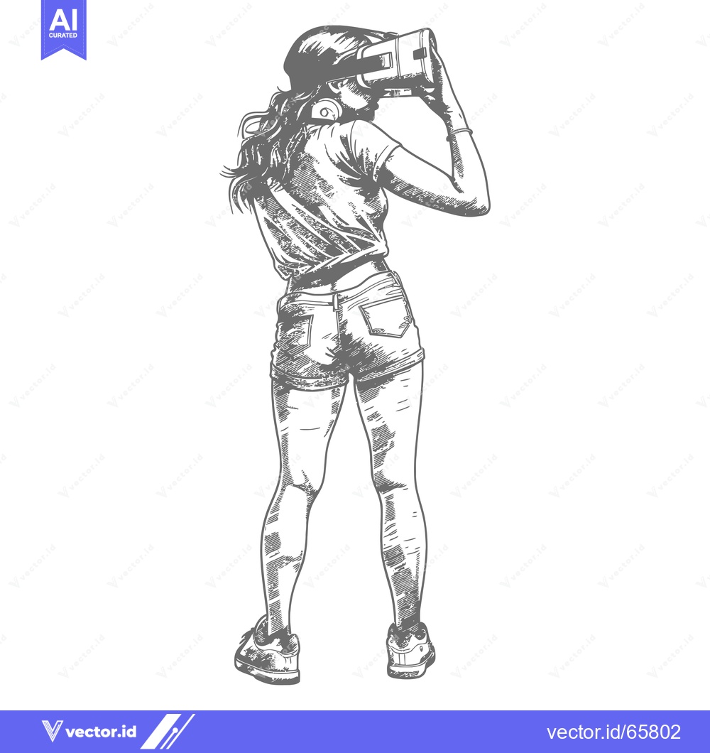 Premium Vector dari A woman wearing a VR headset and shorts, standing with her back to the