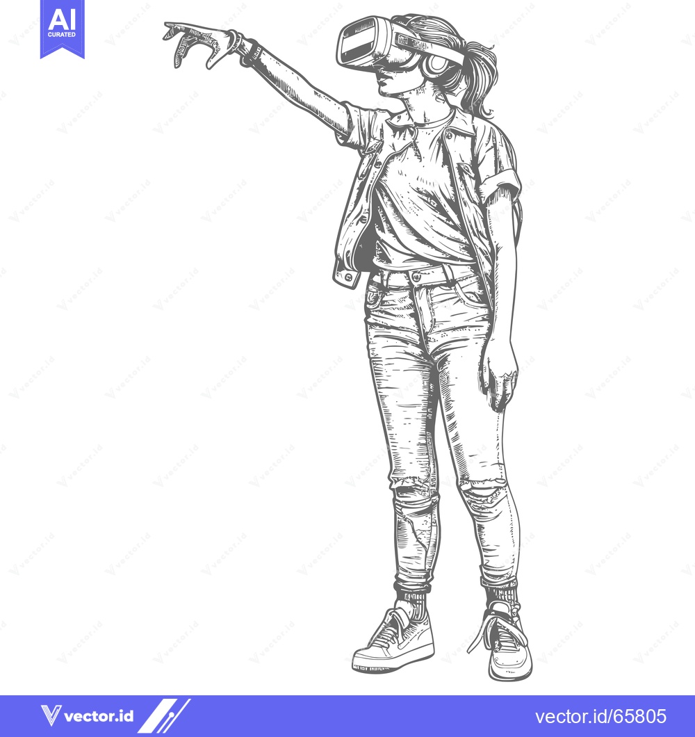 Premium Vector of Hand-drawn Sketch of a Woman Wearing a VR Headset, Reaching Out