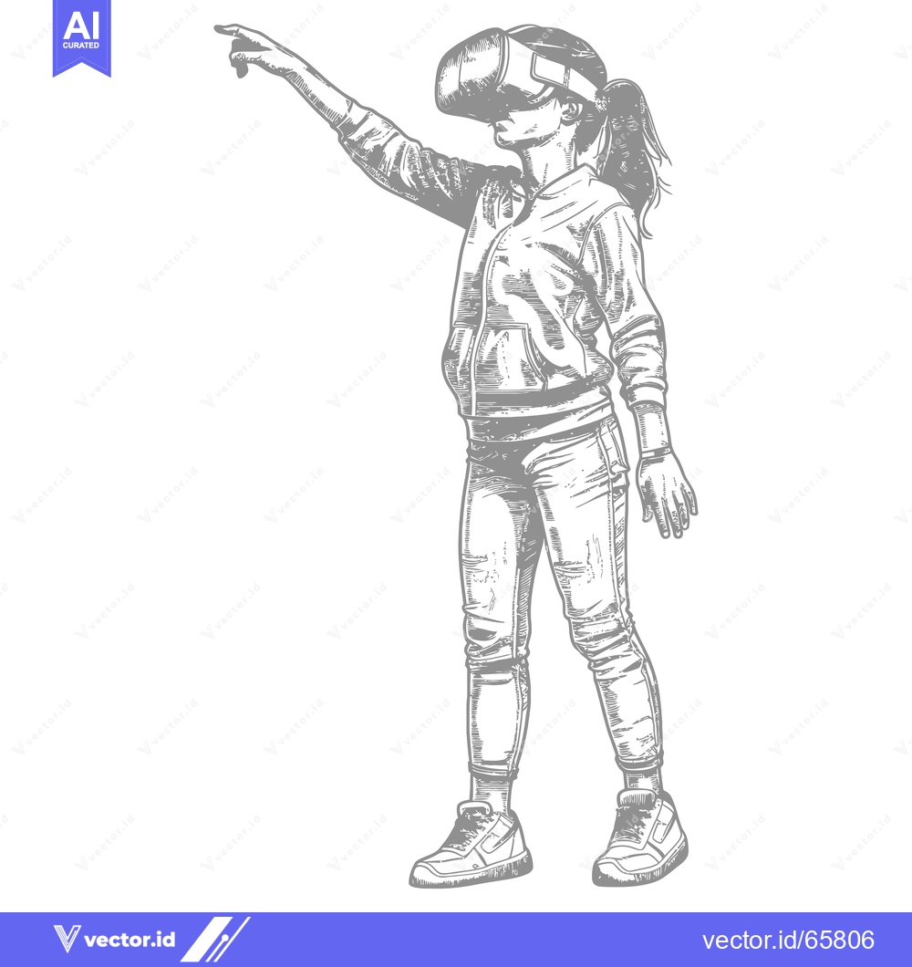 Premium Vector dari A hand-drawn illustration of a woman wearing a VR headset and pointing