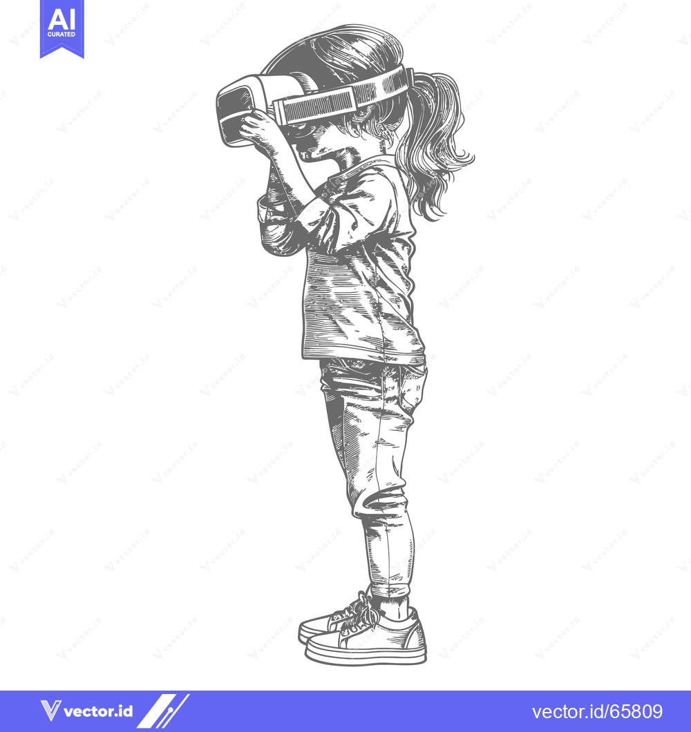 Premium Vector dari Girl Wearing Virtual Reality Headset and Looking Up